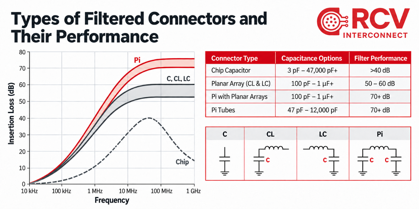 RCV comparison of filtered connector insertion loss versus frequency, capacitance options, and C, CL, LC, and Pi circuit configurations